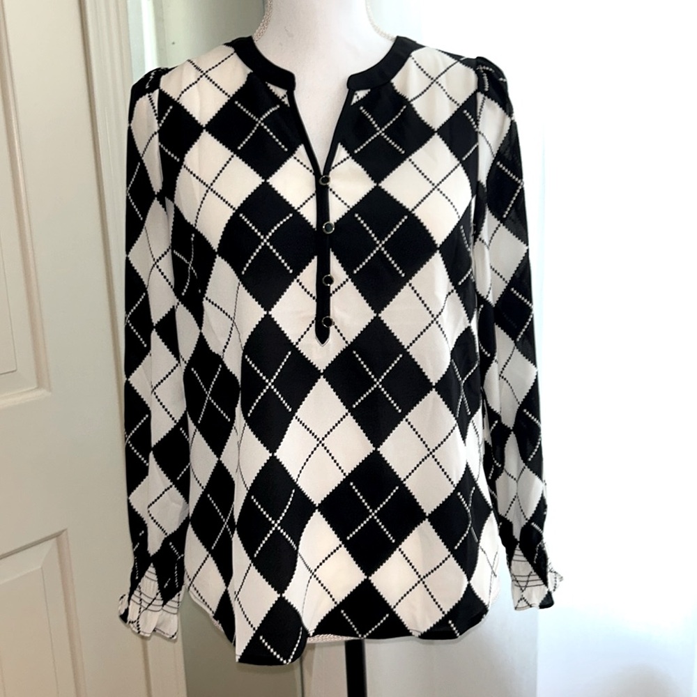Talbots black & off-white argyle blouse